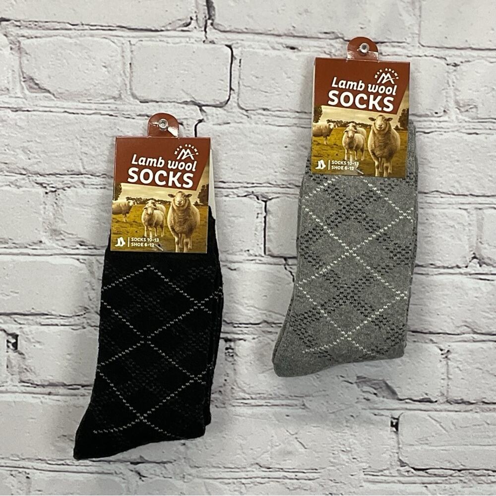 Max Adams Lamb Wool Socks Mens Size 10-13 Black/Gray Diamond 2 Pair Casual Comfy